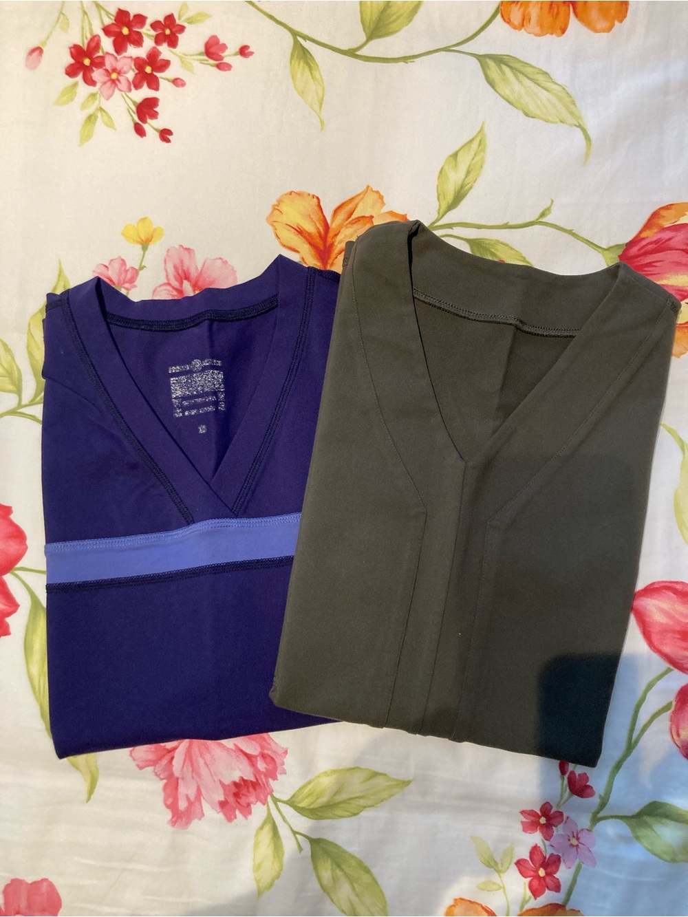 Two V-Neck Lululemon Tops - Purple with Blue Trim & Olive Green
